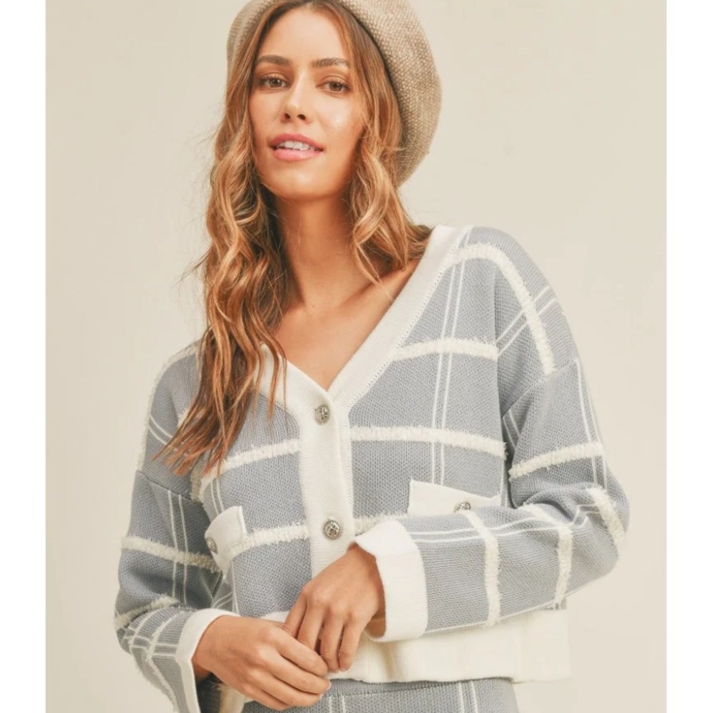 MABLE Cropped Cardigan Sweater‎ Small Blue White Plaid Fringed Knitwear